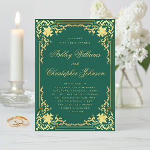 Convites Casamento Dourado do Ornamentado Elegante Emerald