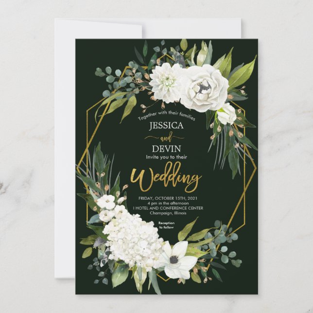 Convites Casamento Dourado do Quadro Verde Floral Branco Mo (Frente)