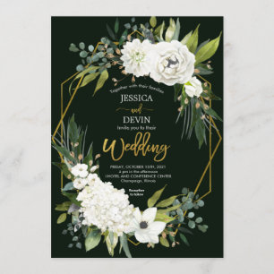 Convites Casamento Dourado do Quadro Verde Floral Branco Mo