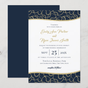 Convites Casamento Dourado e Azul com Baseball
