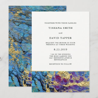 Convites Casamento Dourado e Azul Marbled