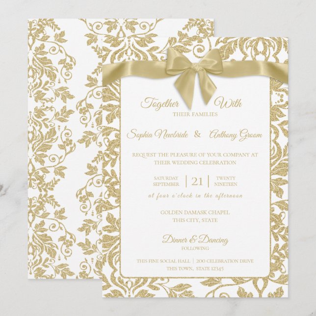 Convites Casamento Dourado e Branco com Damasco e Arco (Frente/Verso)