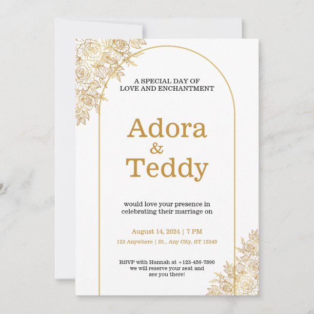 Convites Casamento Dourado e branco com marca personalizada (Frente)