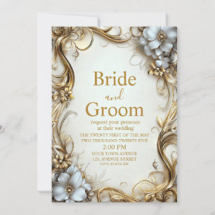 Convites Casamento Dourado e Branco de Borda Floral Elegant