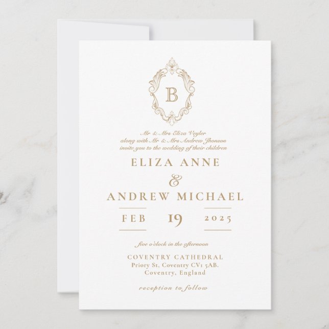 Convites Casamento Dourado e Branco de Crest (Frente)