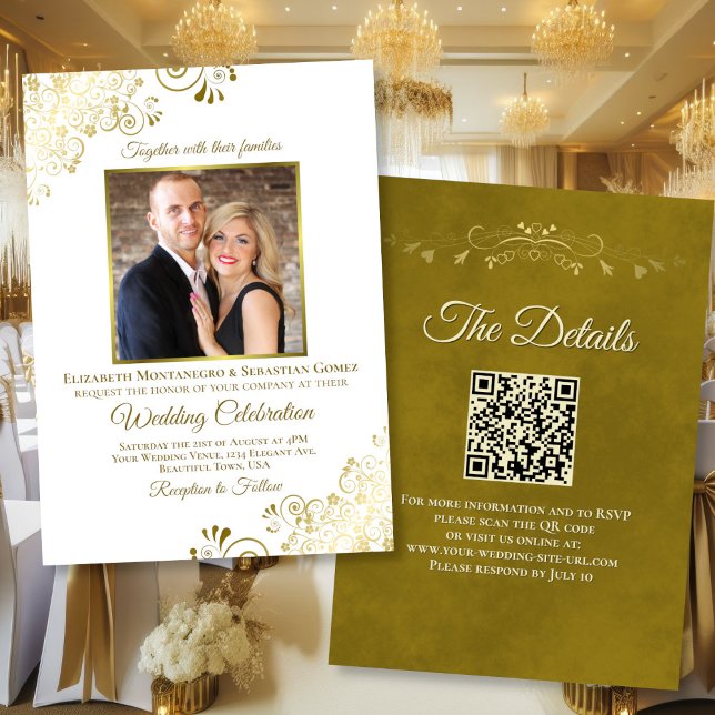Convites Casamento Dourado e Branco de Foto e Código QR (Front/Back)