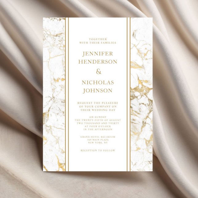 Convites Casamento Dourado e branco elegante (Elegant White & Gold Marble Wedding Invitation)