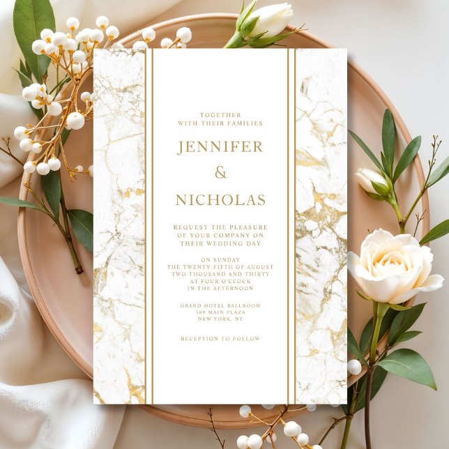 Convites Casamento Dourado E Branco Elegante (Elegant White And Gold Marble Wedding Invitation)