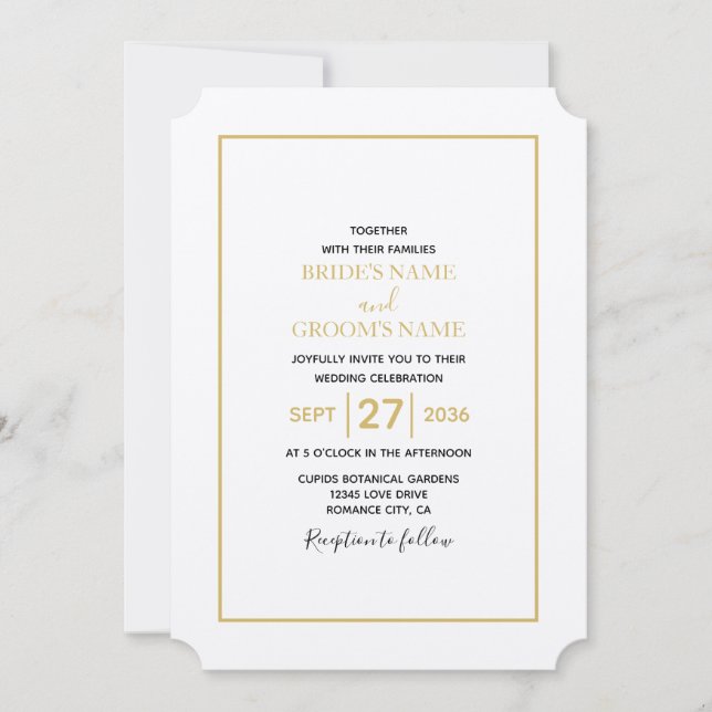 Convites Casamento Dourado e branco minimalista (Frente)
