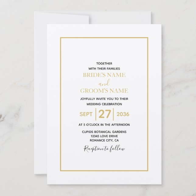 Convites Casamento Dourado e branco minimalista (Frente)