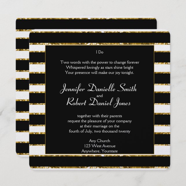 Convites Casamento Dourado e branco-negro (Frente/Verso)