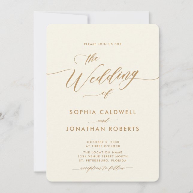 Convites Casamento Dourado e Caligrafia de Creme (Frente)