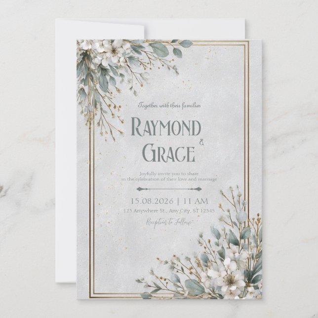 Convites Casamento Dourado e com Flor Branco Elegante (Frente)