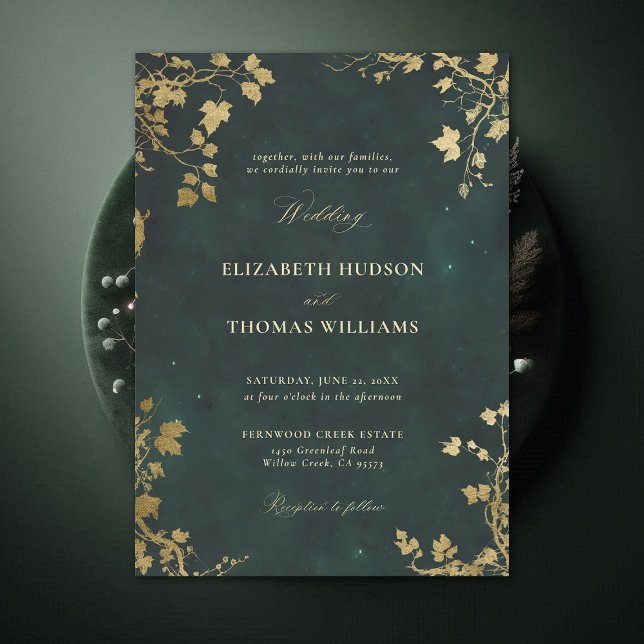 Convites Casamento Dourado e  da Floresta Mínima Encantada (Enchanted Forest Emerald Green Draped Greenery Minimal Frame Modern Calligraphy Wedding Invitation)