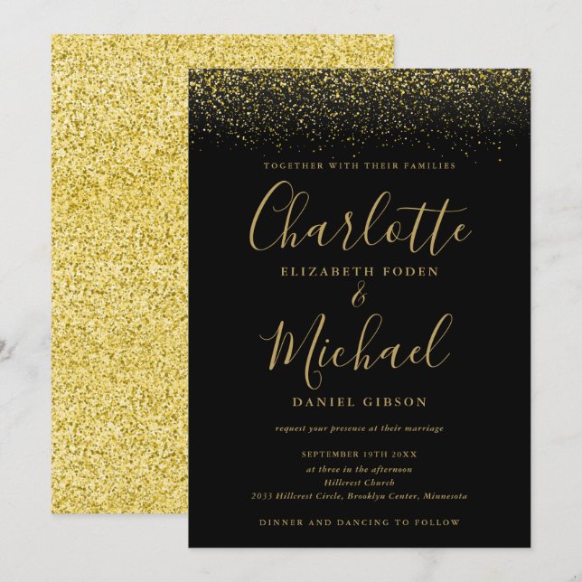 Convites Casamento Dourado E  De Manuscrito Chic Black (Frente/Verso)