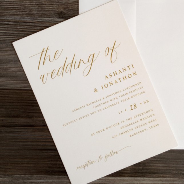 Convites Casamento Dourado e de Manuscrito de Fé (Gold and Light Cream Romantic Wedding Invitations - Elegant and Soft)
