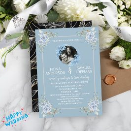 Convites Casamento Dourado e Elegante Chic Dusty Blue