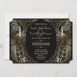 Convites Casamento Dourado e encantador do Deco Peacocks