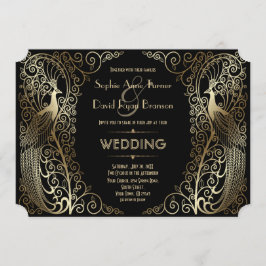 Convites Casamento Dourado e encantador do Deco Peacocks