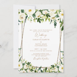 Convites Casamento Dourado e Floral Branco Elegante