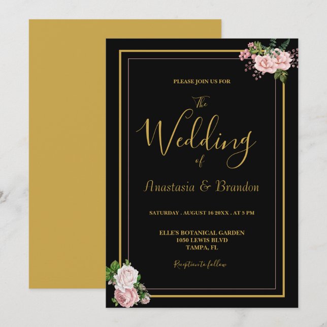 Convites Casamento Dourado e Floral Cor-de-Rosa Esbranquiça (Frente/Verso)