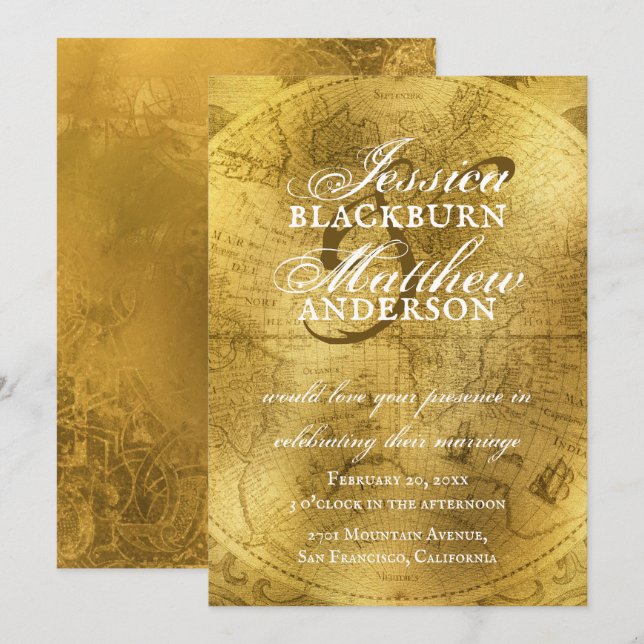 Convites Casamento Dourado e legante do velho mapa do mundo (Frente/Verso)