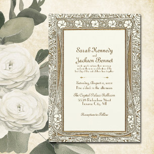 Convites Casamento Dourado e marfim Elegante Vintage Art No