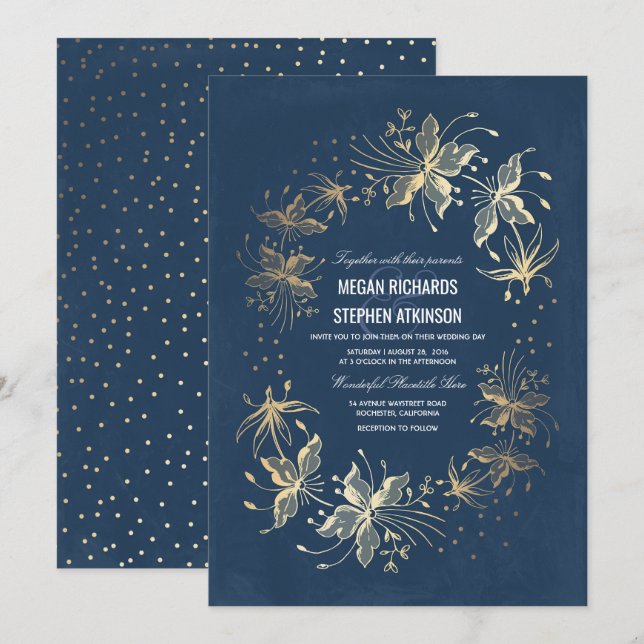 Convites Casamento Dourado e Marinho de Elegante Floral (Frente/Verso)