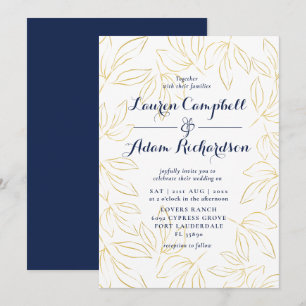 Convites Casamento Dourado e Marinho de Foliografia Elegant