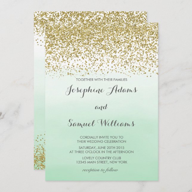 Convites Casamento Dourado e Mint Green (Frente/Verso)