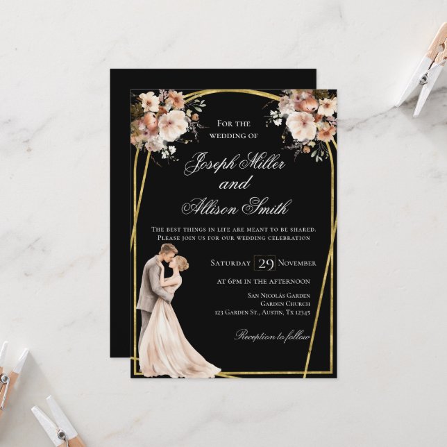 Convites Casamento Dourado e negro (Frente/Verso In Situ)