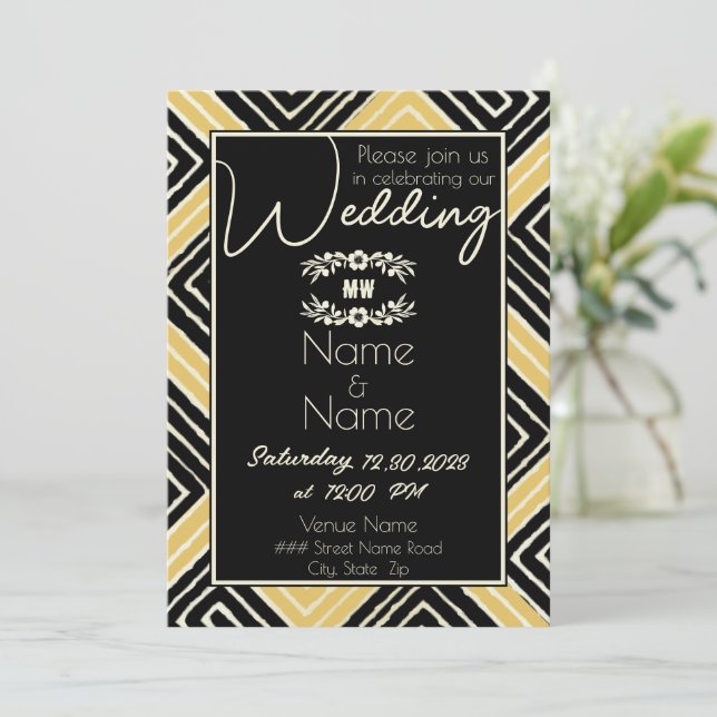 Convites Casamento Dourado e Negro Africano Tribal (Em pé/Frente)