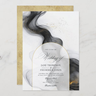 Convites Casamento Dourado e negro de mármore elegante