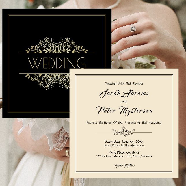 Convites Casamento Dourado e negro legante (Elegant Black and Gold Wedding Invitation)