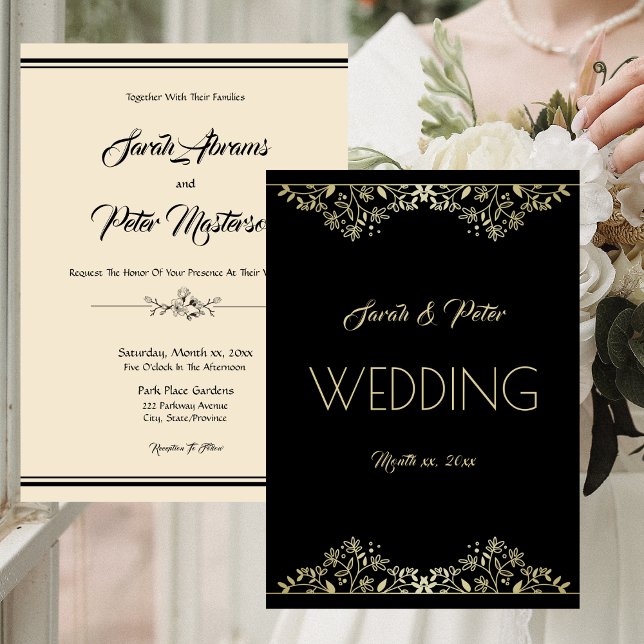 Convites Casamento Dourado e negro legante (Elegant Black and Gold Wedding Invitation)