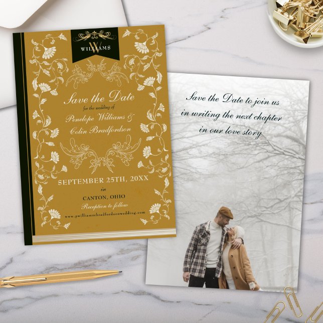 Convites Casamento Dourado e negro legante Salvar a Data (Elegant black and gold save the date invitation cards for library book cover theme wedding idea)