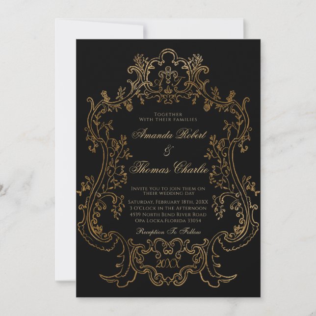 Convites Casamento Dourado e negro vitoriano (Frente)