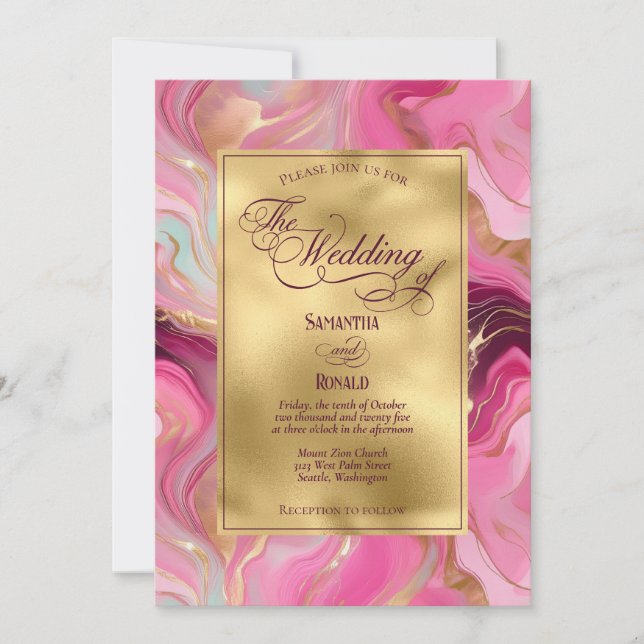Convites Casamento Dourado e rosa marmoreado Elegante Faux (Frente)
