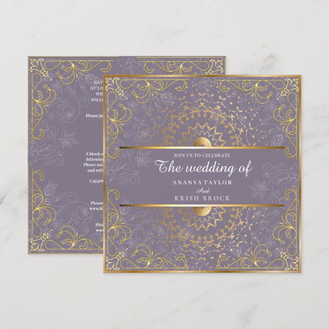 Convites Casamento Dourado e Roxo (Frente/Verso)