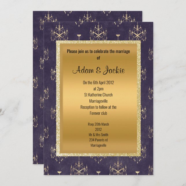 Convites Casamento Dourado e roxo de Chandelier (Frente/Verso)