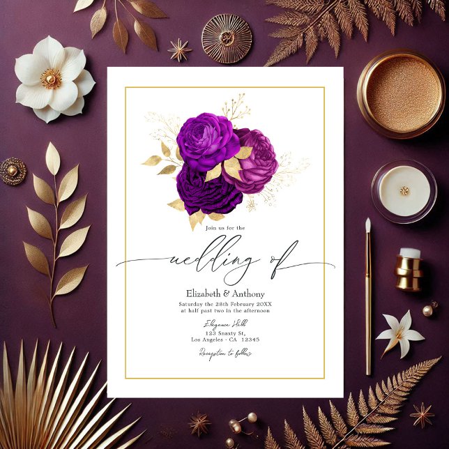 Convites Casamento Dourado e Roxo Elegante (Elegant Purple and Gold Floral Wedding Invitation)