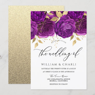 Convites Casamento Dourado e roxo Floral Sparkle
