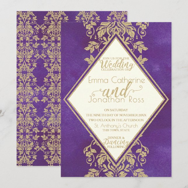 Convites Casamento Dourado e Roxo Real (Frente/Verso)
