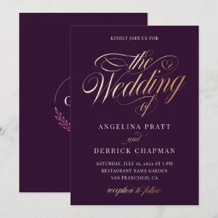Convites Casamento Dourado e simples da caligrafia roxa