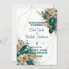 Convites Casamento Dourado e Teal