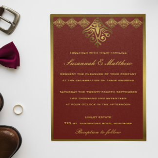 Convites Casamento Dourado e Vermelho Elegante