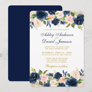 Convites Casamento Dourado Elegante Azul-Blush Rosa R