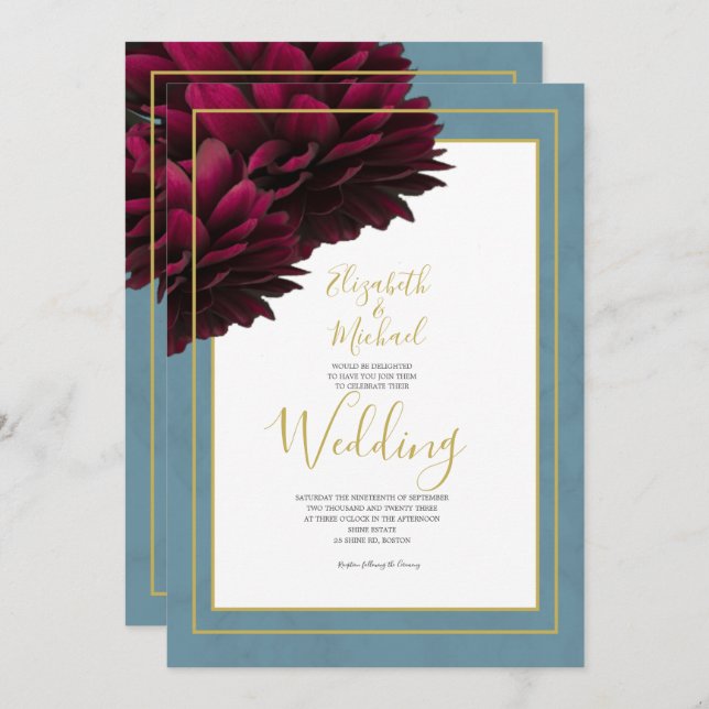 Convites Casamento Dourado Elegante Azul-Dusty Floral Burgu (Frente/Verso)