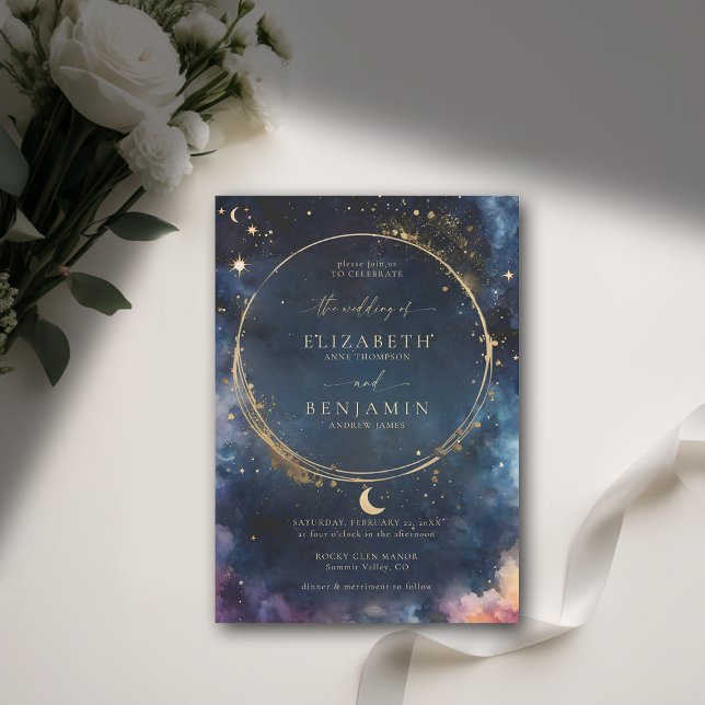 Convites Casamento Dourado Elegante Azul Elegante Celestial (celestial wedding invitation elegant frame watercolor moon stars sky modern classic navy blue)