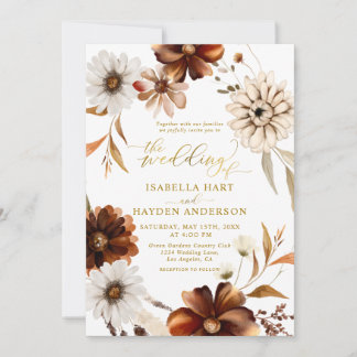 Convites Casamento Dourado Elegante Boho Terracotta Brown